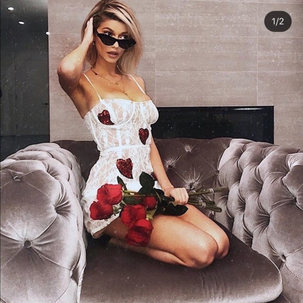 For Love & Lemons White Lace Mini Dress with Red Heart Appliqués